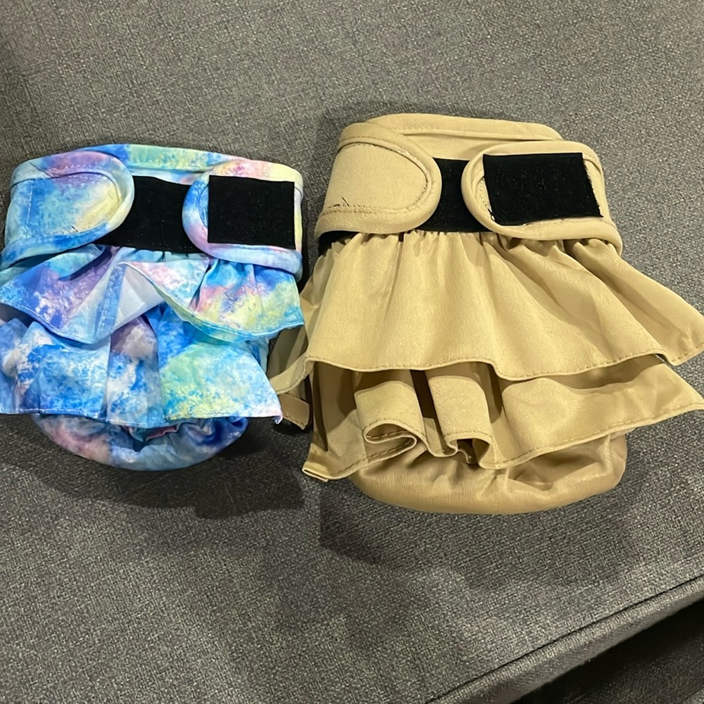 Dog Reuseable washable absorbent Ruffled Tie-Dyed Blue Purple Diaper and a Tan